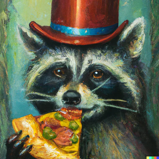 A raccoon wearing a top hat and holding a pizza slice.