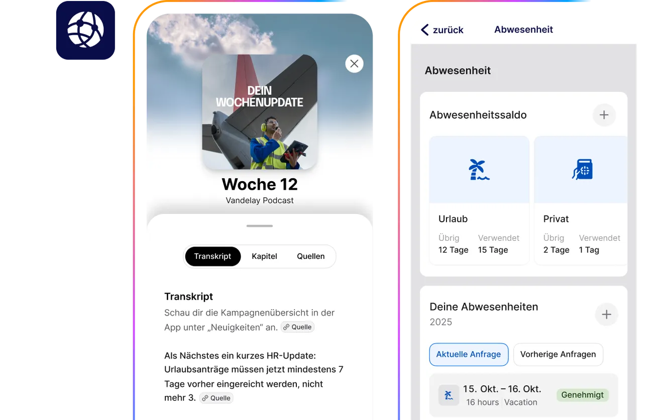Zwei Smartphones nebeneinander, die HR-Funktionen anzeigen: Links eine Podcast-App mit dem Titel "DEIN WOCHENUPDATE" und einem HR-Update zu Urlaubsantr&auml;gen; rechts eine App zur Verwaltung von Abwesenheiten, die Urlaubssalden und eine genehmigte Abwesenheit im Oktober 2025 zeigt.