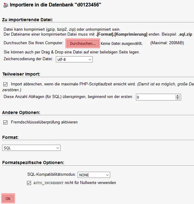 phpMyAdmin - Datenbanksicherung einspielen, Bild 3