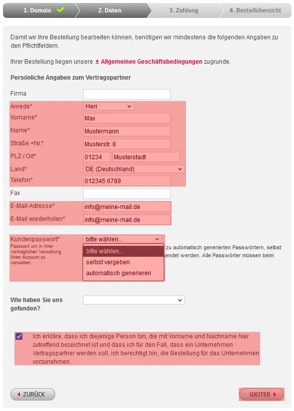 Vertragsbestellung - Bestellung mit neuer Domain (Neuregistrierung), Bild 2